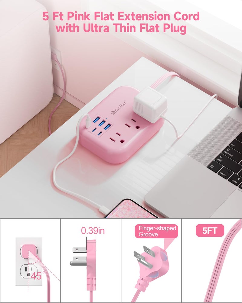 Beeiker 6 USB(3 USB C) Pink Power Strip- 5Ft Extension Cord with 6 USB Charging Station 24W/4.8A and 3 Outlets, Desk Accessories for Cruise Travel Pink Cute Kawaii College Dorm Desk Home Essentials - Image 5