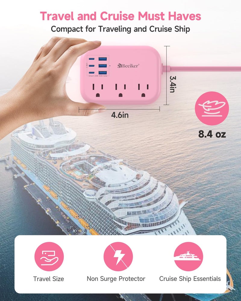 Beeiker 6 USB(3 USB C) Pink Power Strip- 5Ft Extension Cord with 6 USB Charging Station 24W/4.8A and 3 Outlets, Desk Accessories for Cruise Travel Pink Cute Kawaii College Dorm Desk Home Essentials - Image 4