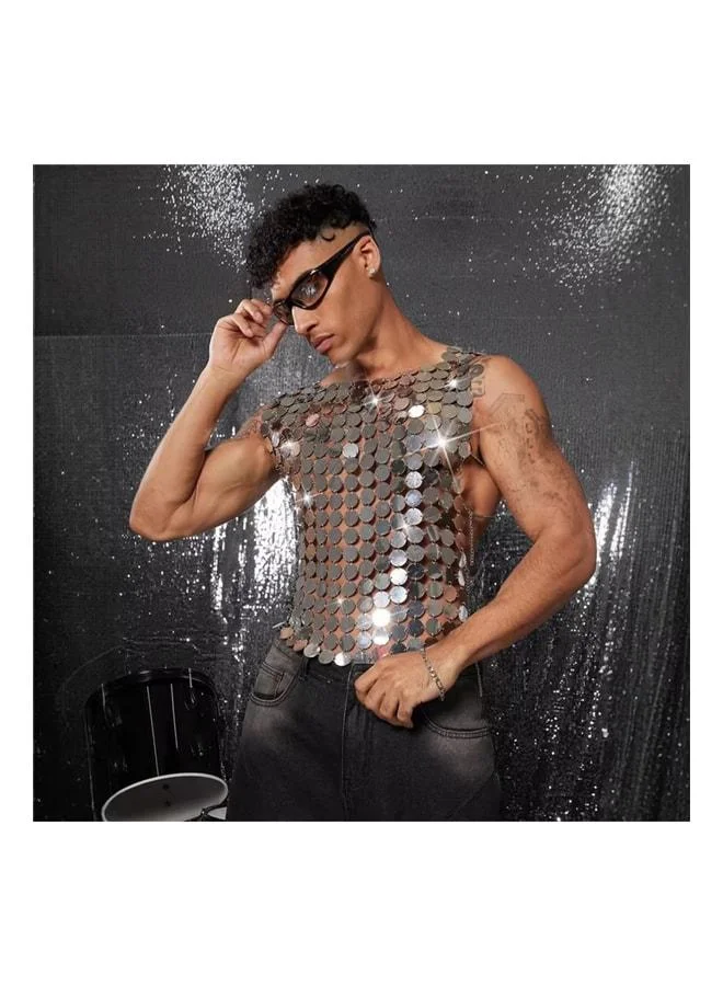 VEILLE Men's Shiny Sequin Detailed Transparent Party Blouse, Festival Style Men's Sequin-Embellished Stage Top, Costume.