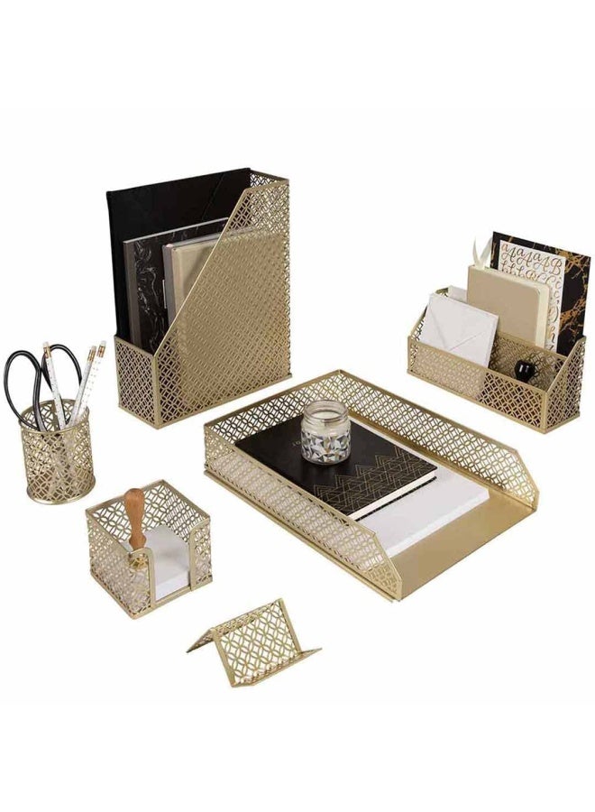 BLU MONACO Gold Desk Organizer Set Mail Sorter Sticky Note Holder Pen Cup Magazine Holder Letter Tray Business Card Holder Pink Office Decor - Image 1