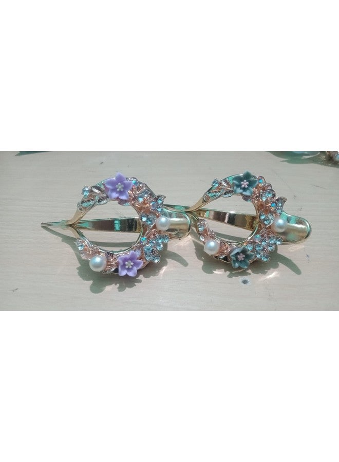 SUN Ring SUNRING Gold Plated Traditional Rhinestone Studded Floral Back Hair Clip/Hair Accessory for Women and Girls (Pack of 2, Multicolor) - Image 3
