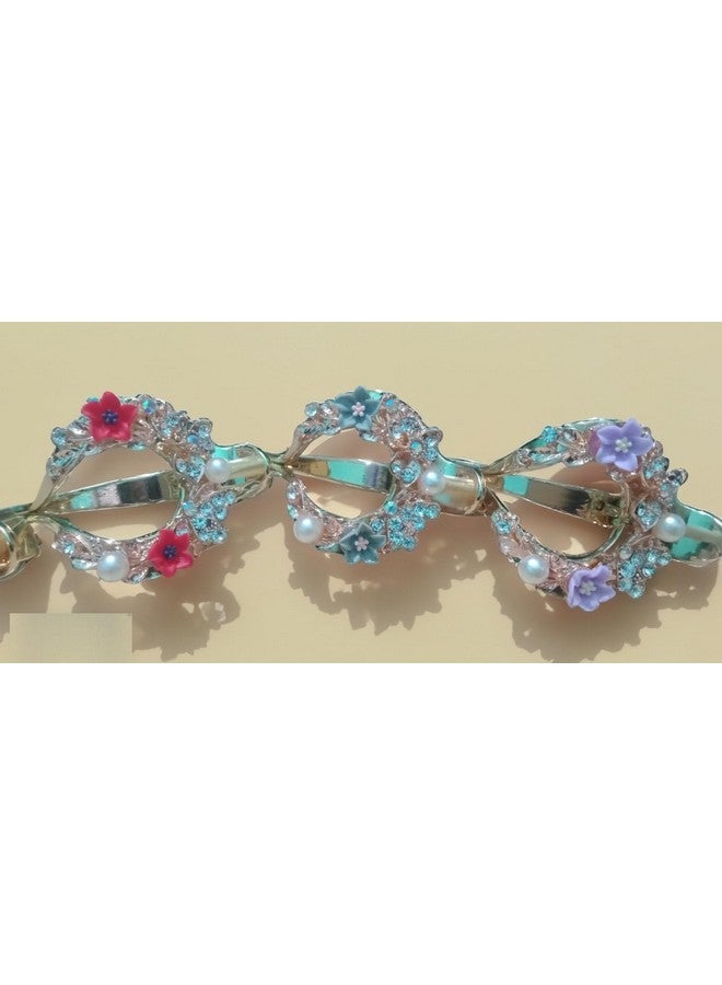 SUN Ring SUNRING Gold Plated Traditional Rhinestone Studded Floral Back Hair Clip/Hair Accessory for Women and Girls (Pack of 2, Multicolor) - Image 4