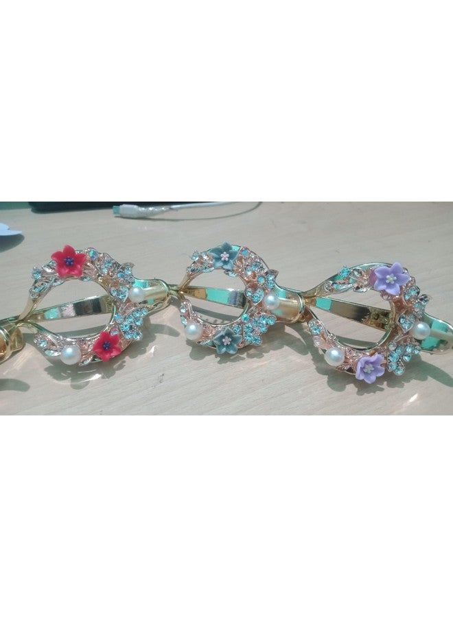 SUN Ring SUNRING Gold Plated Traditional Rhinestone Studded Floral Back Hair Clip/Hair Accessory for Women and Girls (Pack of 2, Multicolor) - Image 1