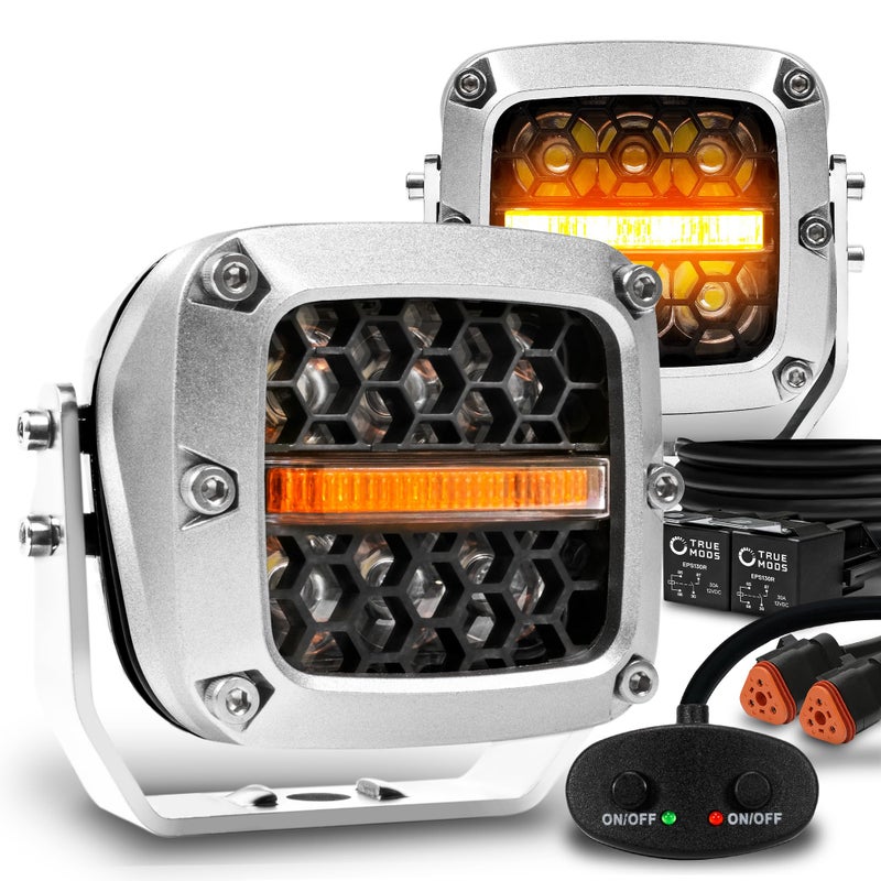 ONLINE LED STORE True Mods 3" 120W LED Pods Offroad Driving Light Cube Pair Set [Amber Turn Signal Marker Light] Off-Road Lights for UTV ATV Jeep Wrangler SxS 4x4 Truck Pick-Up Auto Car Vehicle - Chrome