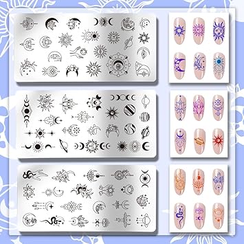 PH PandaHall 3pcs Astrolabe Nail Stamping Plates Moon Star Planet Nail Stamper Nail Art Stencils Print Nail Stencils Stainless Steel Nail Image Plates for Ramadan Nail Art Design Manicure Salon - Image 3