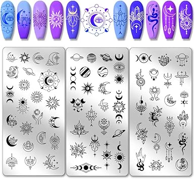 PH PandaHall 3pcs Astrolabe Nail Stamping Plates Moon Star Planet Nail Stamper Nail Art Stencils Print Nail Stencils Stainless Steel Nail Image Plates for Ramadan Nail Art Design Manicure Salon - Image 1