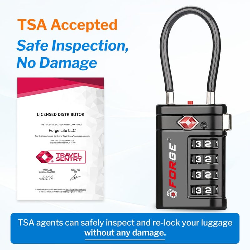 أقفال أمتعة Forge معتمدة من TSA – أقفال سفر TSA برمز مكوّن من 4 أرقام مع TSA008، ومؤشر تنبيه عند الفتح، وهيكل من سبيكة الزنك للأمتعة وحقيبة السفر وحقيبة الظهر وغير ذلك، أسود 2 PK، أقفال كابل - Image 2
