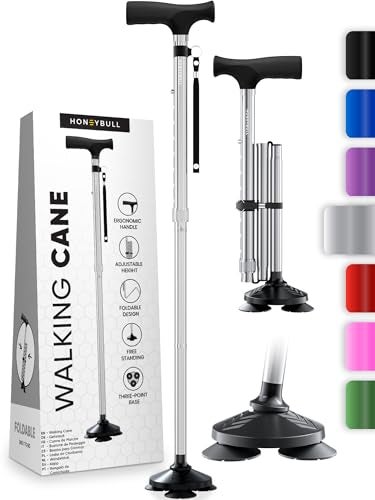 HONEYBULL HONEYBULL Walking Cane for Men Women Foldable Adjustable Collapsible Free Standing Cane Pivot Tip Heavy Duty Walking Sticks Folding Canes for Seniors Adults Silver
