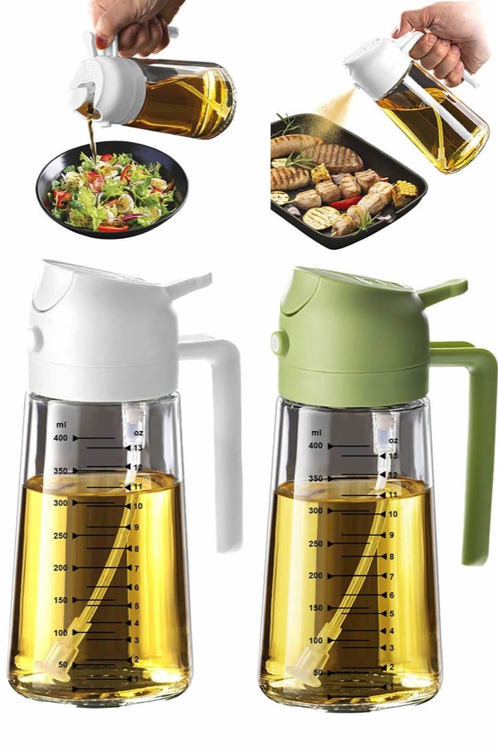 2Pcs 16oz Olive Oil Dispenser Bottle for Kitchen - 2 in 1 Oil Dispenser and Oil Sprayer for Cooking, Air Fryer, Salad, 470ml Olive Oil Sprayer White&Green  - Image 1