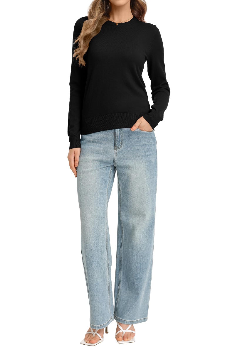 QUALFORT Women's Black Crewneck Lightweight Sweater Pullovers Black Medium - Image 5