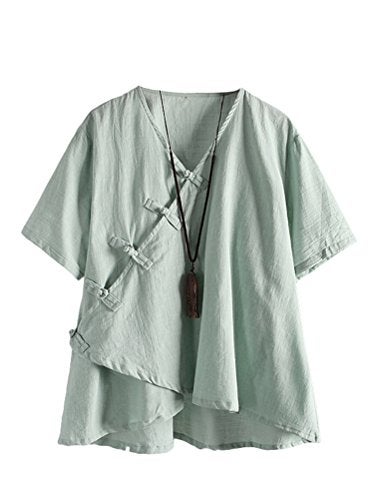 Minibee Women's Linen Retro Chinese Frog Button Tops Blouse Green XL - Image 2