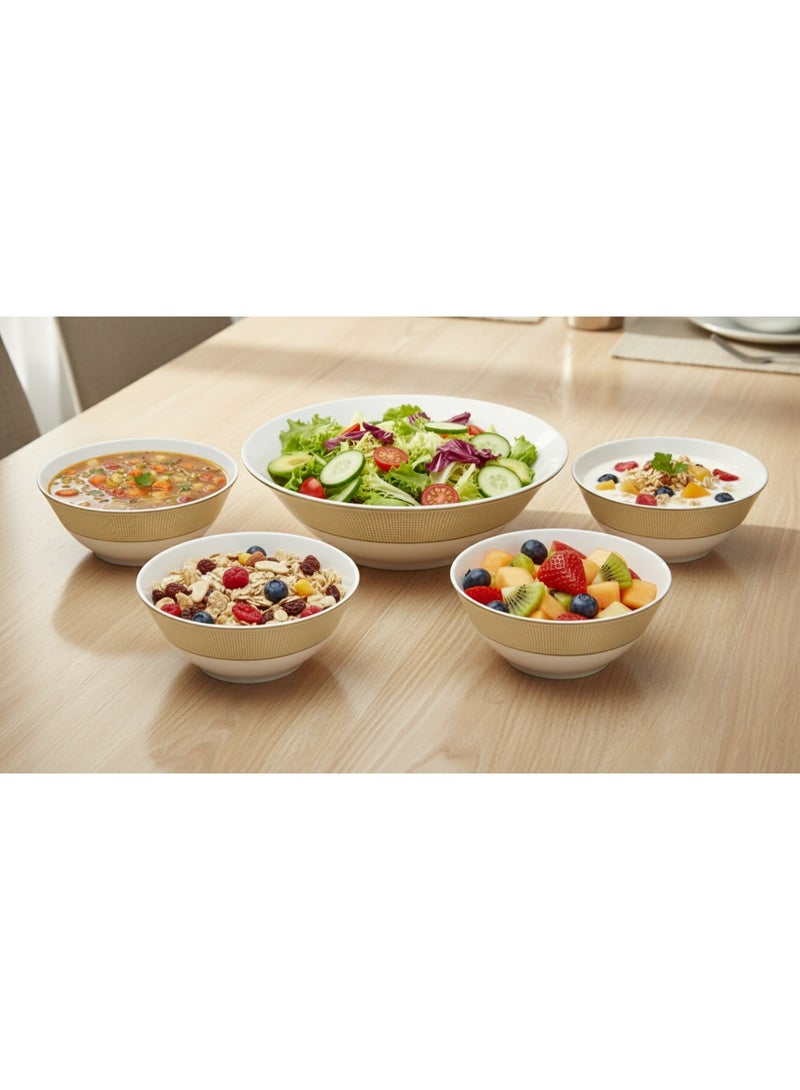 Fissman طقم أطباق تقديم فيسمان 5 قطع، أطباق خلط سلسلة فرساي | طقم أطباق بورسلين (4 قطع × 14 سم — 1 قطعة × 23 سم) | حافة ذهبية مزخرفة أنيقة | أطباق مطبخ للسلطة، الحساء، الحلوى - Image 1