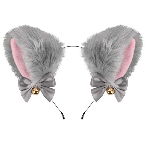 EVERMARKET Cat Ears Headband with Bells, Faux Fur, Anime Fox Wolf Cat Ears Headband Cosplay Accessories, Hairband for Halloween Costume Party Fancy Dress(Gray) - Image 1