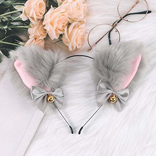 EVERMARKET Cat Ears Headband with Bells, Faux Fur, Anime Fox Wolf Cat Ears Headband Cosplay Accessories, Hairband for Halloween Costume Party Fancy Dress(Gray) - Image 5