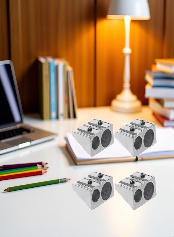 BWESOO 4Pcs Silver Magnesium Pencil Sharpener, Magnesium Metal Manual, Double Holes Rectangular, Handheld Pencil Sharpener, Writing and Correction Supplies - Image 5