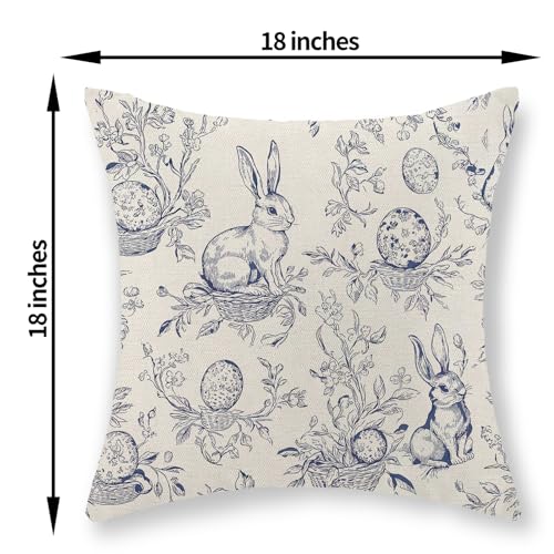 GOLIANDA Spring Blue Pillow Covers 18x18 Inch Set of 2 Botanical Floral Easter Eggs Bunny Throw Pillows Blue Toile Flower Rabbit Decorative Pillow Cases Outdoor Decor Linen Cushion Case for Couch Home - Image 2