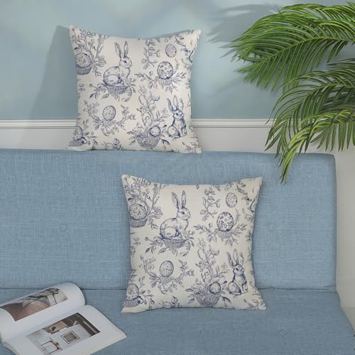 GOLIANDA Spring Blue Pillow Covers 18x18 Inch Set of 2 Botanical Floral Easter Eggs Bunny Throw Pillows Blue Toile Flower Rabbit Decorative Pillow Cases Outdoor Decor Linen Cushion Case for Couch Home - Image 4