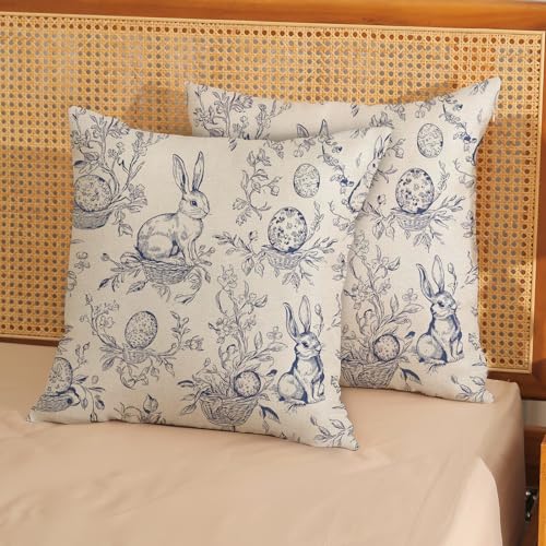 GOLIANDA Spring Blue Pillow Covers 18x18 Inch Set of 2 Botanical Floral Easter Eggs Bunny Throw Pillows Blue Toile Flower Rabbit Decorative Pillow Cases Outdoor Decor Linen Cushion Case for Couch Home - Image 3