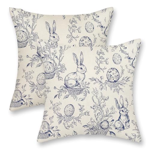 GOLIANDA Spring Blue Pillow Covers 18x18 Inch Set of 2 Botanical Floral Easter Eggs Bunny Throw Pillows Blue Toile Flower Rabbit Decorative Pillow Cases Outdoor Decor Linen Cushion Case for Couch Home - Image 1