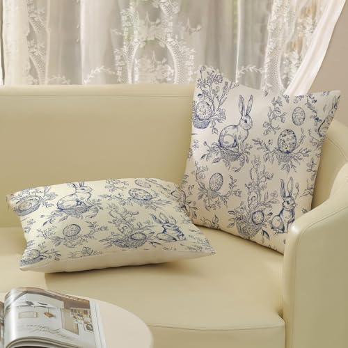 GOLIANDA Spring Blue Pillow Covers 18x18 Inch Set of 2 Botanical Floral Easter Eggs Bunny Throw Pillows Blue Toile Flower Rabbit Decorative Pillow Cases Outdoor Decor Linen Cushion Case for Couch Home - Image 5
