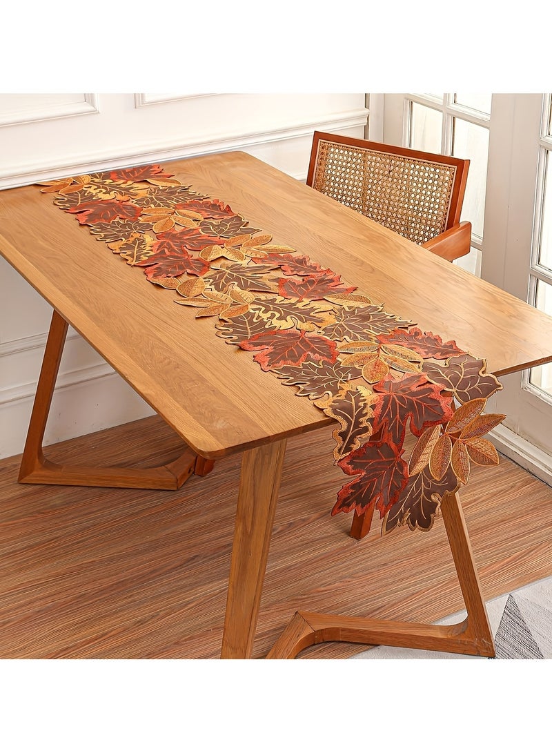 Elegant Autumn Leaves Table Runner - 100% Polyester, Non-Woven Fabric, Rectangular Fall Maple Leaf Design in Brown, Orange, and Red for Thanksgiving Holiday Decor, Fall Decorations for Home  - Image 3