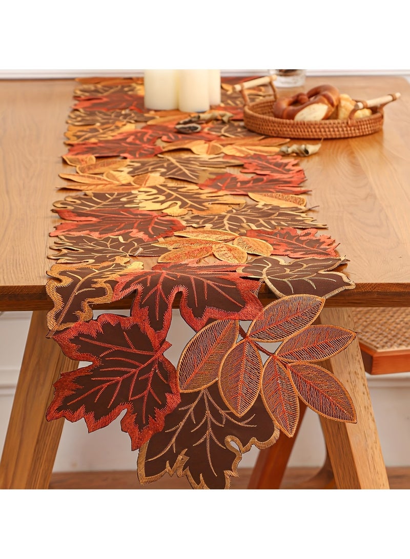 Elegant Autumn Leaves Table Runner - 100% Polyester, Non-Woven Fabric, Rectangular Fall Maple Leaf Design in Brown, Orange, and Red for Thanksgiving Holiday Decor, Fall Decorations for Home  - Image 1