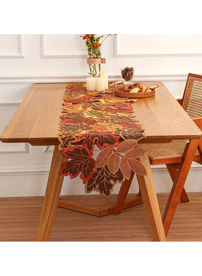 Elegant Autumn Leaves Table Runner - 100% Polyester, Non-Woven Fabric, Rectangular Fall Maple Leaf Design in Brown, Orange, and Red for Thanksgiving Holiday Decor, Fall Decorations for Home  - Image 2