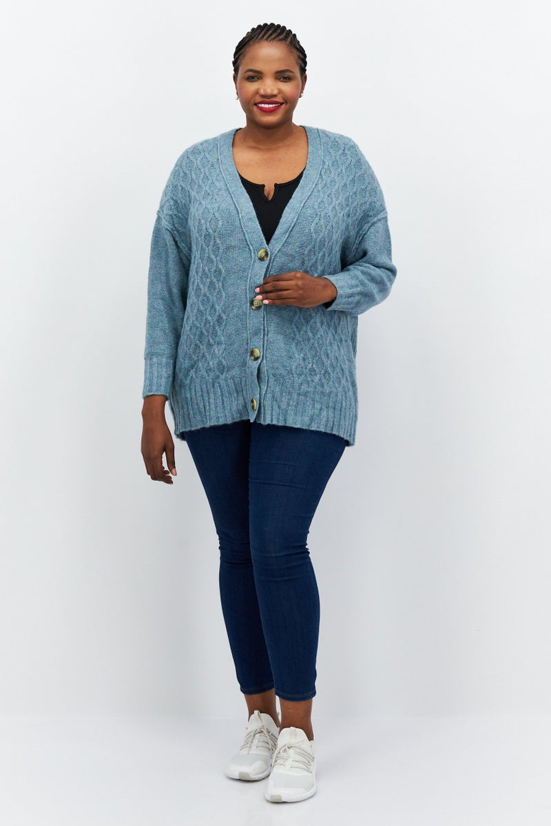 Black Tape Women Plus Size Ribbed Textured Button Down Long Sleeve Cardigan, Light Teal  - Image 2