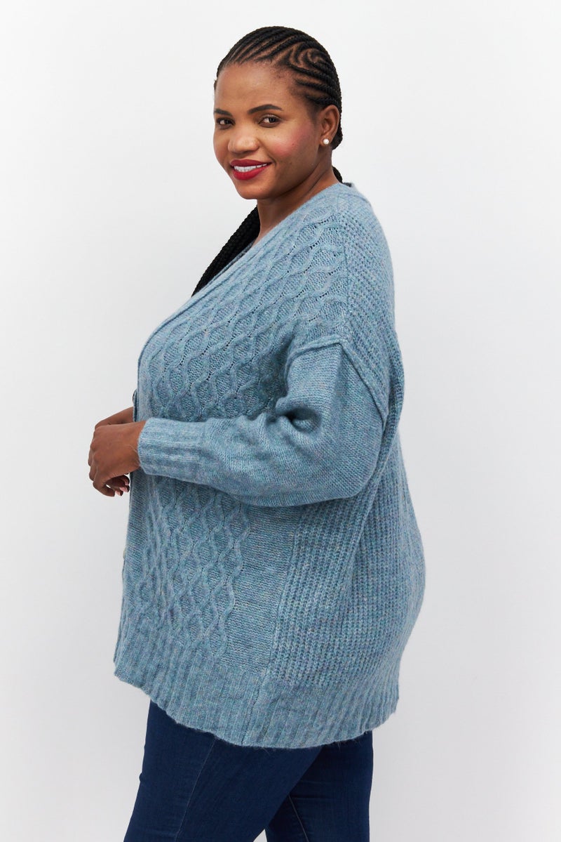 Black Tape Women Plus Size Ribbed Textured Button Down Long Sleeve Cardigan, Light Teal  - Image 3