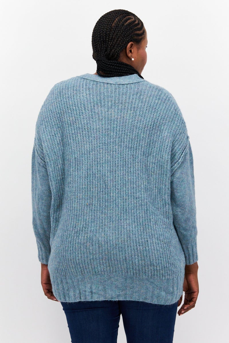 Black Tape Women Plus Size Ribbed Textured Button Down Long Sleeve Cardigan, Light Teal  - Image 4