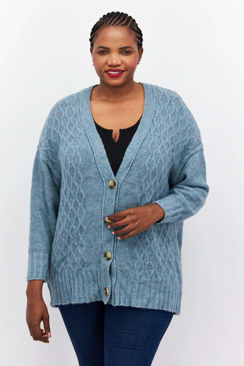 Black Tape Women Plus Size Ribbed Textured Button Down Long Sleeve Cardigan, Light Teal  - Image 1