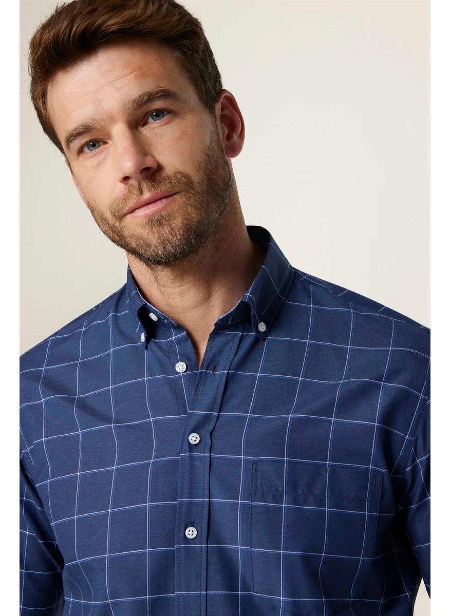 تودورس Classic Fit Button Collar Small Checked Cotton Men's Navy Blue Shirt