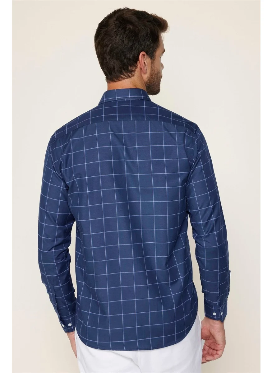 تودورس Classic Fit Button Collar Small Checked Cotton Men's Navy Blue Shirt