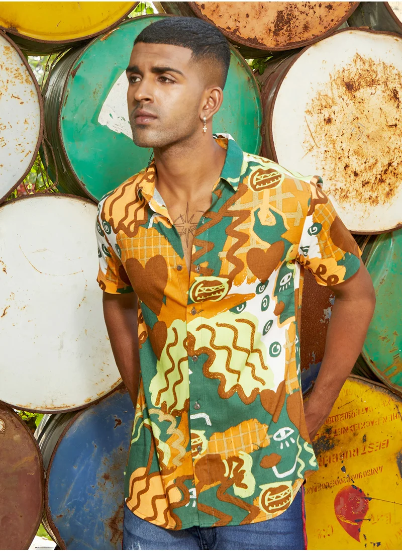 كامبوس سوترا Men's Mustard Yellow & Forest Green Artistic Romance Shirt