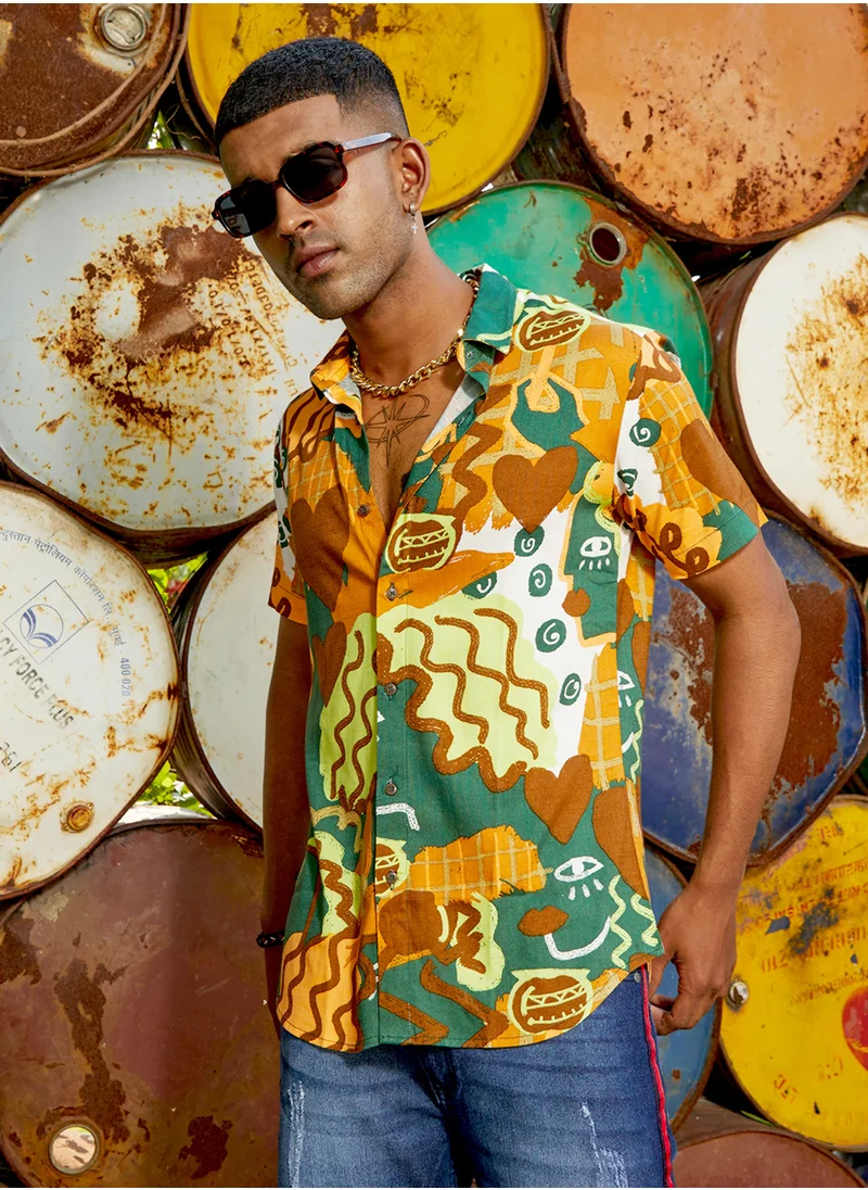 كامبوس سوترا Men's Mustard Yellow & Forest Green Artistic Romance Shirt