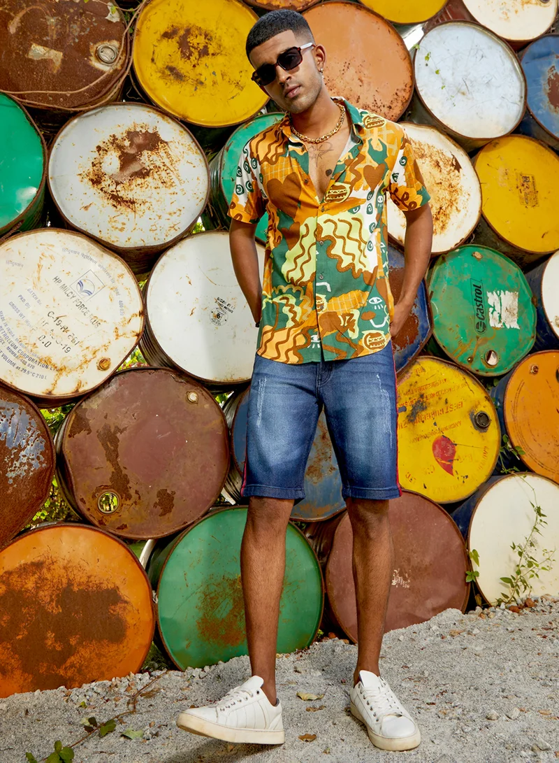 Campus Sutra Men's Mustard Yellow & Forest Green Artistic Romance Shirt