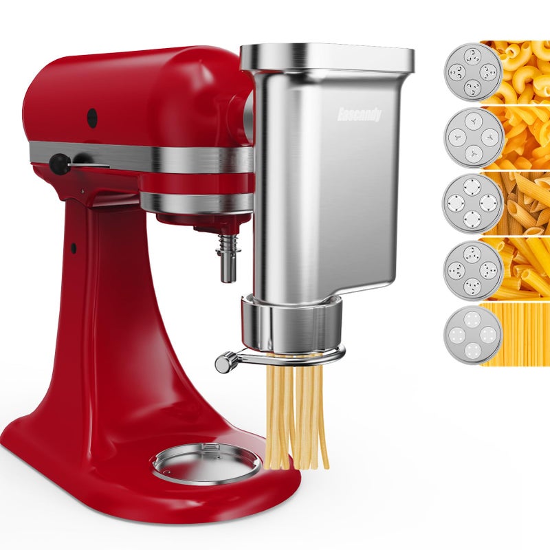 Metal Gourmet Pasta Press Attachment for KitchenAid Stand Mixer Durable Pasta Maker Attachment with 5 Interchangeable Plates for Spaghetti Bucatini Fusilli Large Small Macaroni