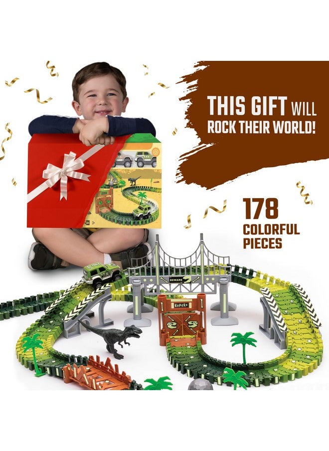 جيتيري جيت مجموعة ألعاب JITTERYGIT Dinosaur Jurassic Race Track Train المضيئة في العالم الداكن، حديقة سباق الديناصورات للأطفال تتضمن مجموعة لعب T-Rex وTriceratops - أفضل هدية عيد ميلاد للأولاد والبنات من سن 3 4 5 6 7 8 سنوات  - Image 4