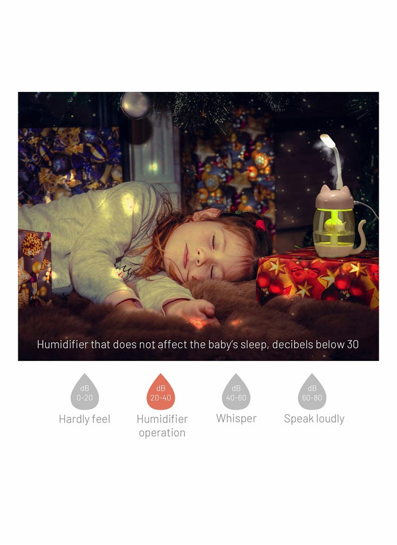 USB Cat Cool Mist Humidifier, 3 in 1 350ml Polyme Water Mist Mode & Auto Shut-Off, Baby Humidifier with 6 Color LED Lights Changing, for Home Car Office, Air Humidifier with Small Fan (Pink)