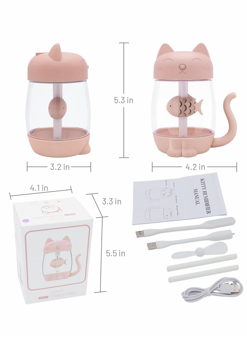 USB Cat Cool Mist Humidifier, 3 in 1 350ml Polyme Water Mist Mode & Auto Shut-Off, Baby Humidifier with 6 Color LED Lights Changing, for Home Car Office, Air Humidifier with Small Fan (Pink)