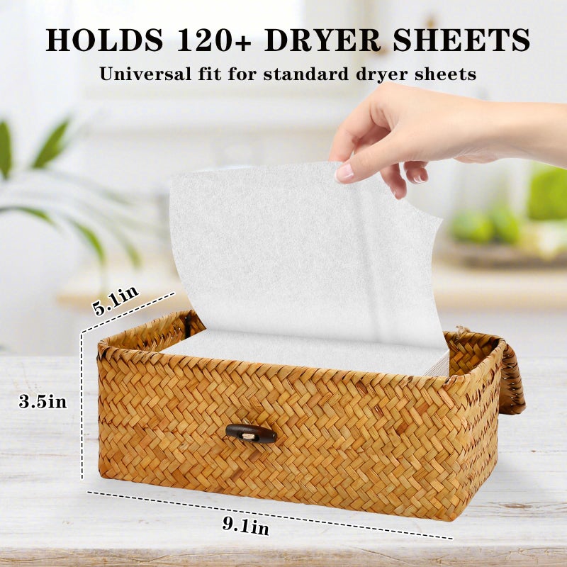SULICRE Dryer Sheet Holder, Woven Seagrass Dryer Sheet Container with Lid, Farmhouse Dryer Sheet Box Decor, Dryer Balls Dispenser for Laundry Room Organization and Storage-Natural Color - Image 2