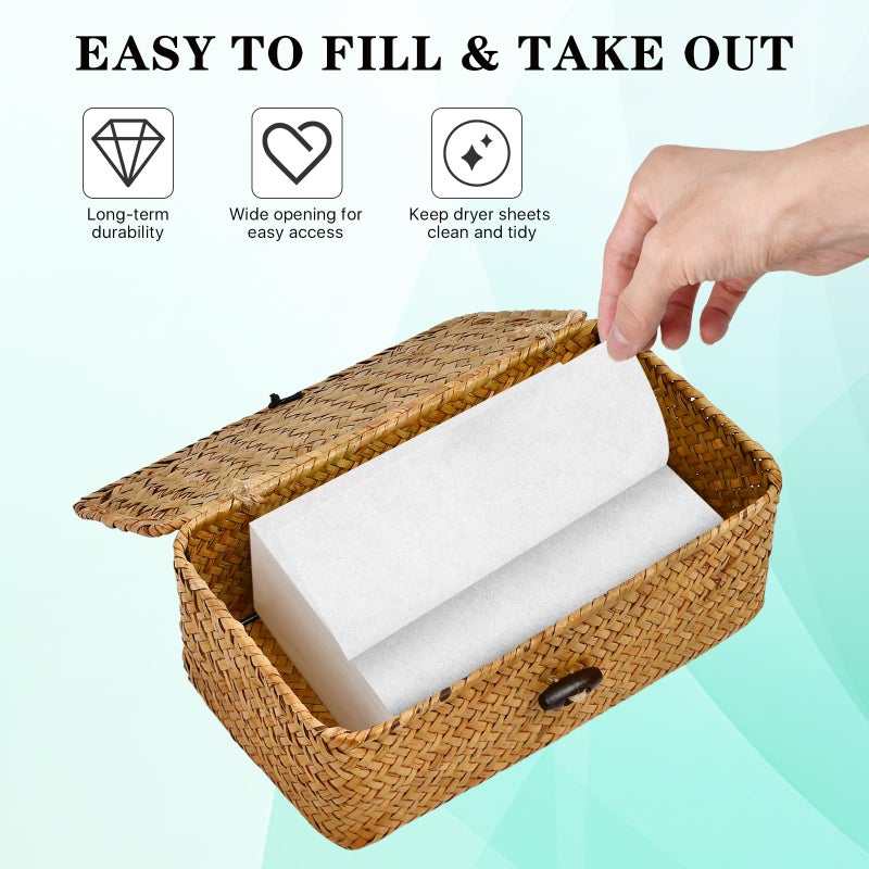 SULICRE Dryer Sheet Holder, Woven Seagrass Dryer Sheet Container with Lid, Farmhouse Dryer Sheet Box Decor, Dryer Balls Dispenser for Laundry Room Organization and Storage-Natural Color - Image 4