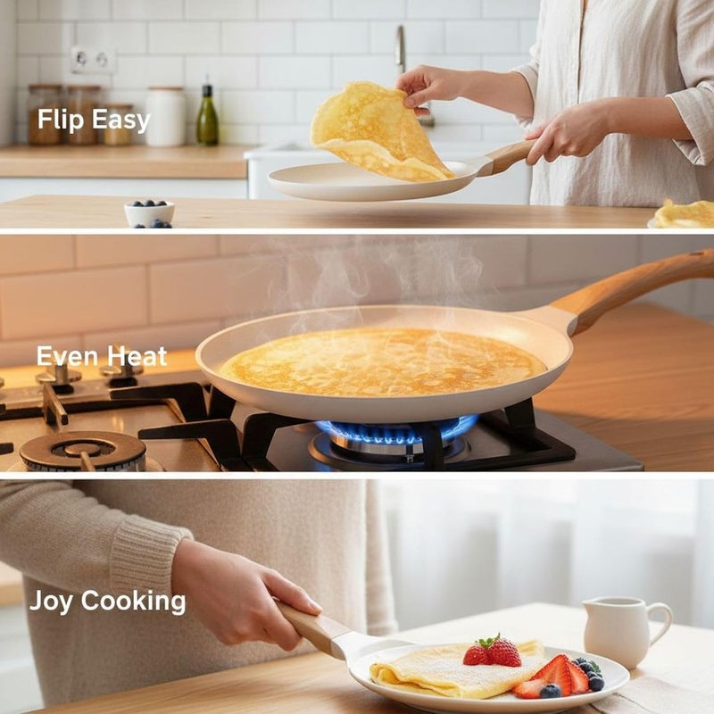 6-Inch Nonstick Maifan Stone Pan, Flat Crepe Pan with Wood Handle, Lightweight 7.9-Inch Pan for Omelets and Single-Serve Cooking - Image 4