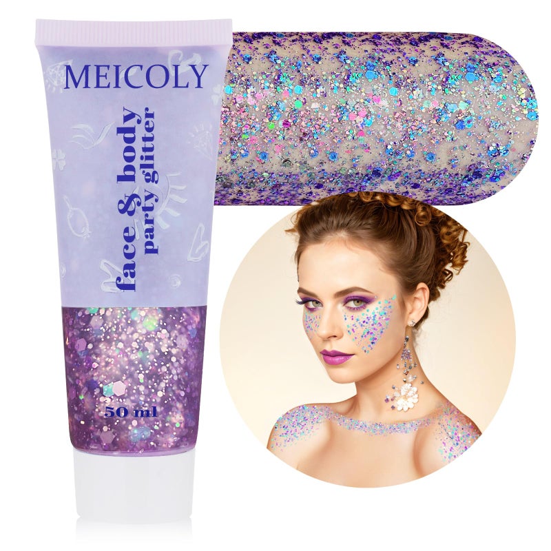 MEICOLY Chameleon Purple Hair Glitter,Halloween Chunky Face Body Glitter,Mardi Gras Accessories Outfits for Women,Color Changing Mermaid Face Glitter,Festival Glitter Makeup for Face Body Hair - Image 1