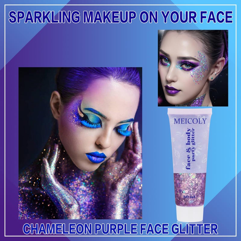 MEICOLY Chameleon Purple Hair Glitter,Halloween Chunky Face Body Glitter,Mardi Gras Accessories Outfits for Women,Color Changing Mermaid Face Glitter,Festival Glitter Makeup for Face Body Hair - Image 2