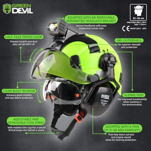 GREEN DEVIL Hard Hat Safety Helmet with Rechargeable Headlamp Light and Visor Ear Muffs Vented Work Hardhat ANSI Z89.1 Cascos De Construccion for Industrial Construction Forestry - Image 2