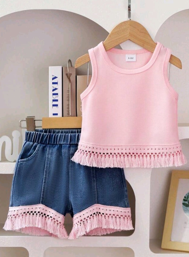 Girls' Sleeveless Tassel Top and Shorts Outfit - Image 1