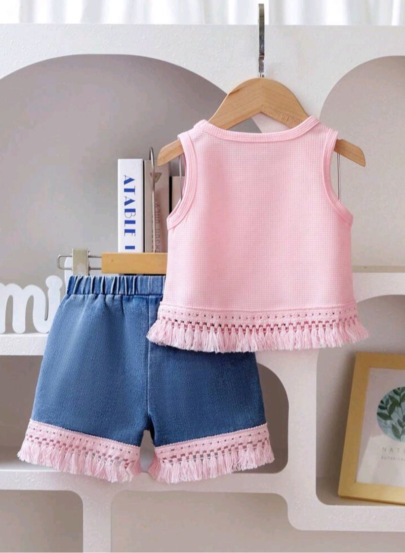 Girls' Sleeveless Tassel Top and Shorts Outfit - Image 2