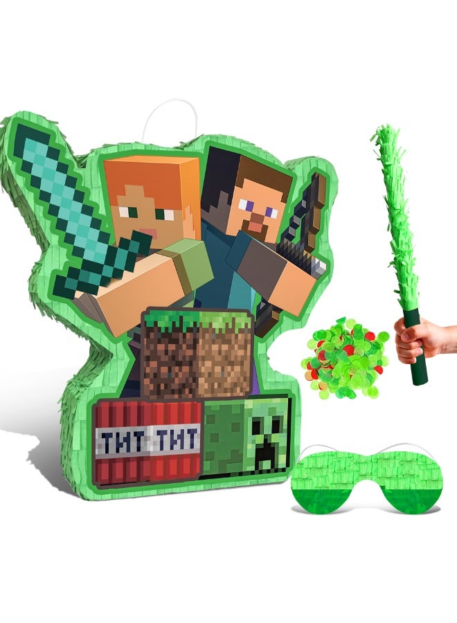 Minecraft Pinata, Large Creeper Design Party Pinata Bundle - Pixel Game Party Game Decorations Blindfold & Pickaxe Party Stick etc Minecraft Pinata Birthday Party Decoration Supplies - Image 1