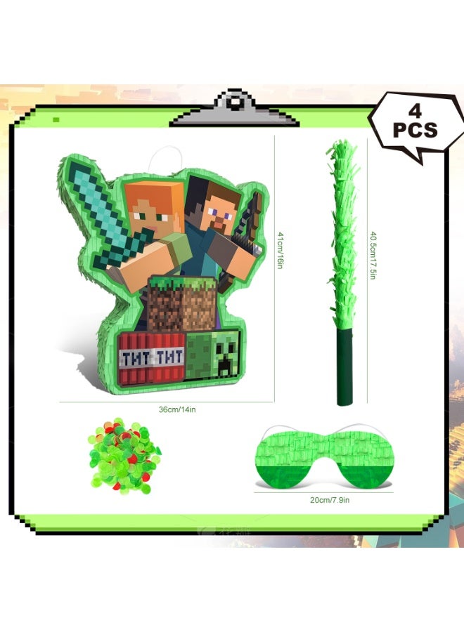 Minecraft Pinata, Large Creeper Design Party Pinata Bundle - Pixel Game Party Game Decorations Blindfold & Pickaxe Party Stick etc Minecraft Pinata Birthday Party Decoration Supplies - Image 2